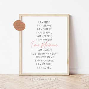 Affirmations print, custom affirmations, affirmations for kids, affirmations personalised, I am kind, I am smart, nursery decor, homeschool