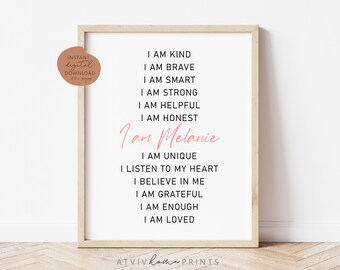 Affirmations print, custom affirmations, affirmations for kids, affirmations personalised, I am kind, I am smart, nursery decor, homeschool