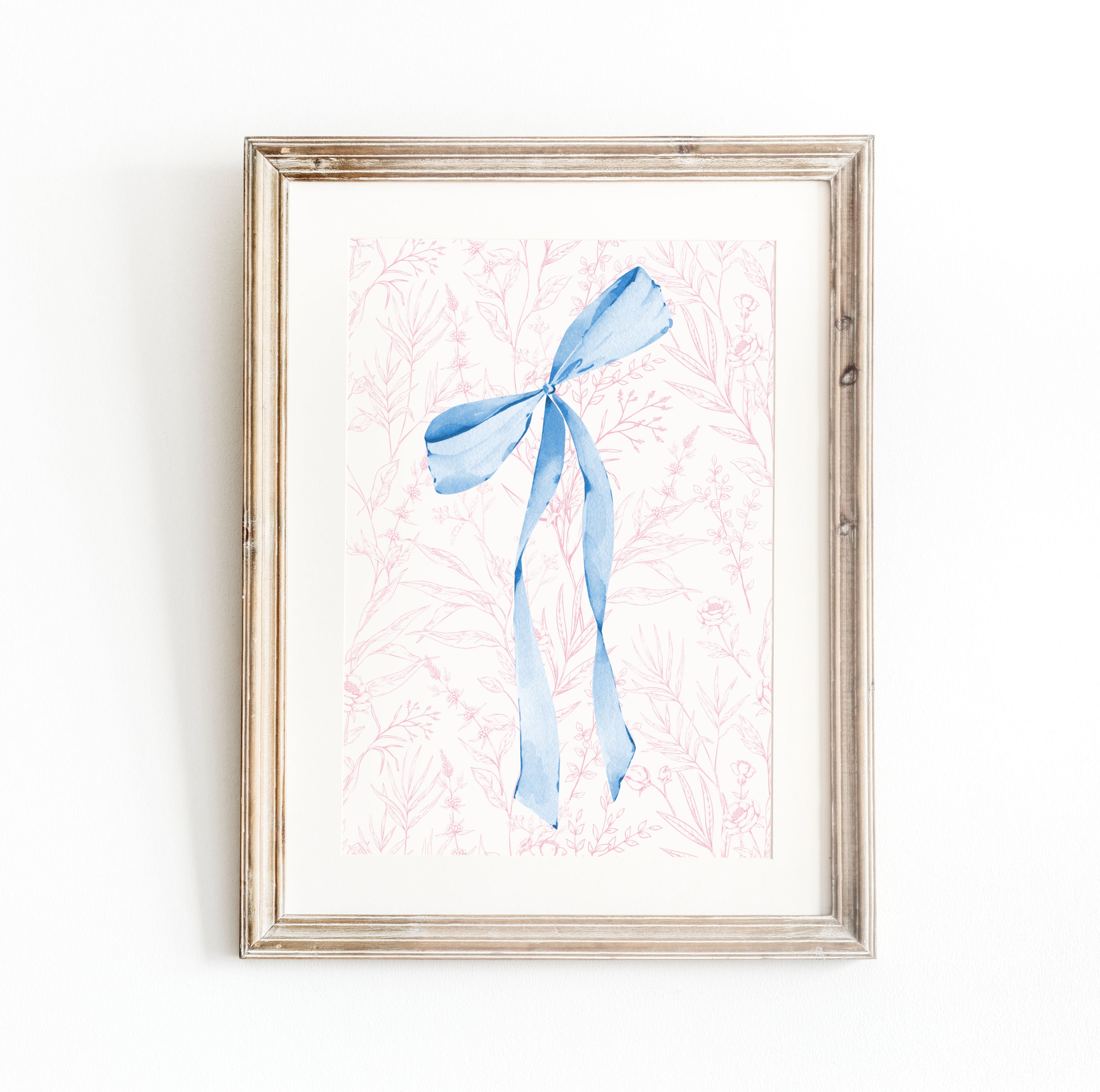 Blue bow wall art, pink bow printable wall art, toile print, girls nursery wall art, pink and blue print girls, blush girls room, bow art