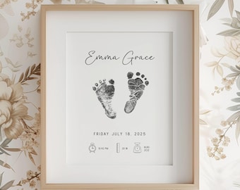 Personalised birth print, newborn footprint, baby footprint art, birth stats print, printable birth stats print, footprint nursery wall art