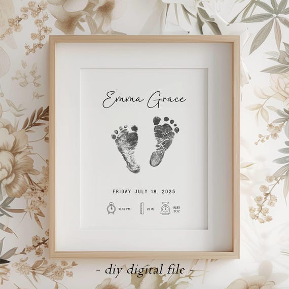 Personalised birth print, newborn footprint, baby footprint art, birth stats print, printable birth stats print, footprint nursery wall art