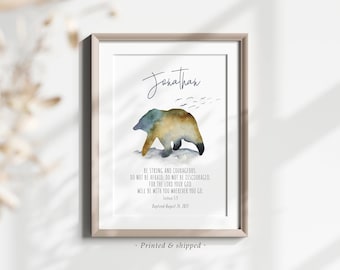 Baptism print, personalised baptism print, custom name baptism print, baptism gift boy, Be strong and courageous, printed baptism gift bear