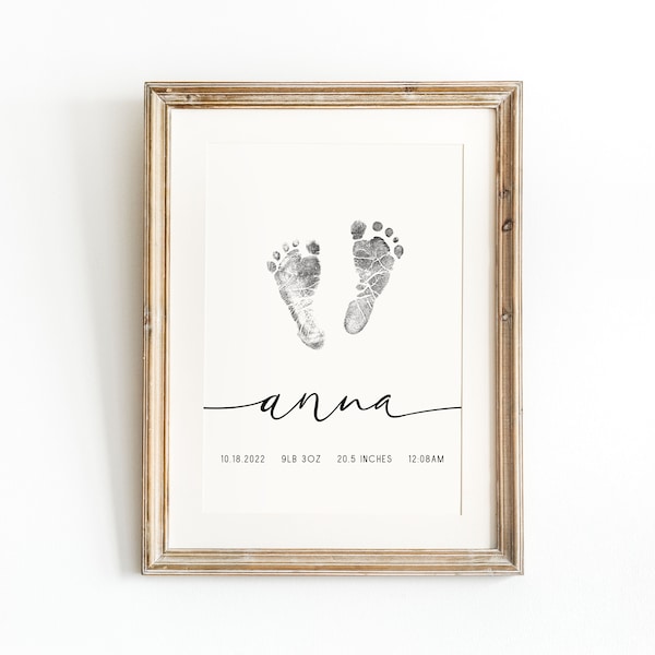 Personalised birth print, newborn footprint, baby footprint art, birth stats print, printable birth stats print, footprint nursery wall art