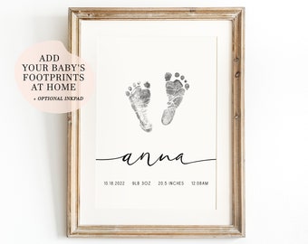 Personzalized baby inkless print, Personalised birth print, newborn footprint, baby footprint, birth stats print, footprint nursery wall art