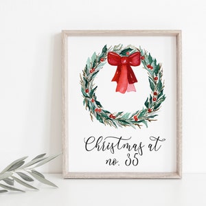 Personalised home number print, personalized Christmas wreath print, custom Christmas family name print, personalized Christmas print,