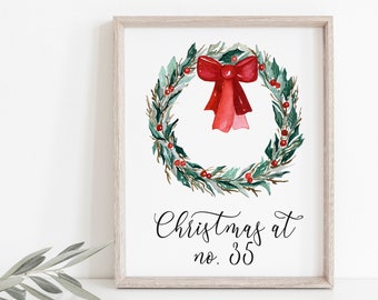 Personalised home number print, personalized Christmas wreath print, custom Christmas family name print, personalized Christmas print,