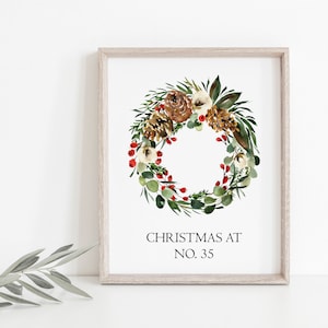 Personalised home number print, personalized Christmas wreath print, custom Christmas family name print, personalized Christmas print,