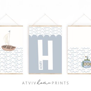 Maritimer Kunstdruck, maritimes Kinderzimmer Dekor, U-Boot Print, maritimes Kinderzimmer, Wellen Print, maritimer Namensprint, blauer Wellenprint