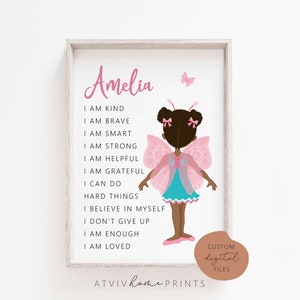 Girls affirmations print, custom affirmations, affirmations for kids, affirmations personalised, I am kind, I am smart, nursery decor,