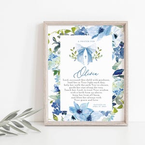 Blue flowers Baptism print, personalised baptism print, custom name baptism print, baptism gift girl, baby girl gift, printable baptism gift