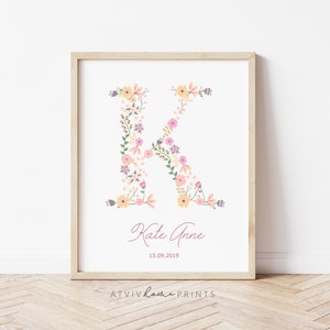 Lámina de nacimiento personalizada, póster de nacimiento, letra de guardería con flores, habitación de niña, flor rosa, monograma, lámina floral para guardería, personalizada, arte