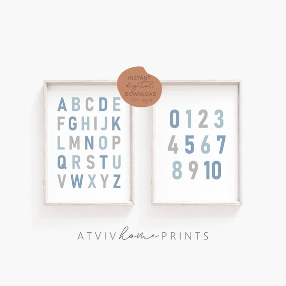 Alphabet and Numbers Print, alphabet numbers blue and grey print set, blue alphabet print, playroom sage print, ABC Print, Educational print