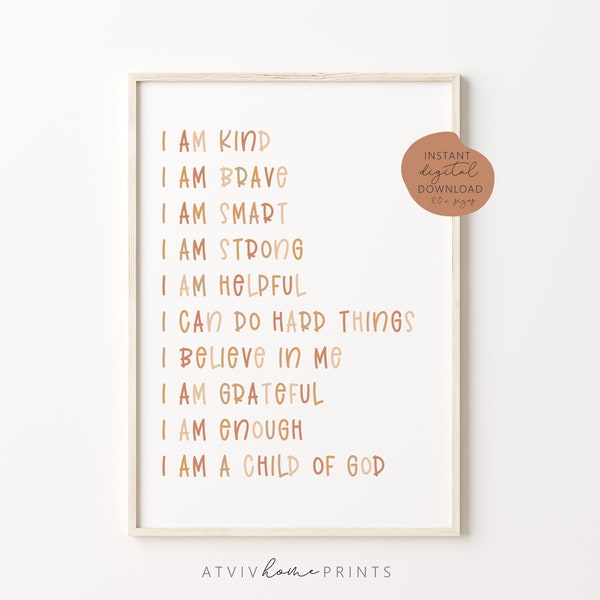 I am a child of God, affirmations print, affirmations for kids, positive affirmations, I am kind, I am smart, nursery decor,homeschool print