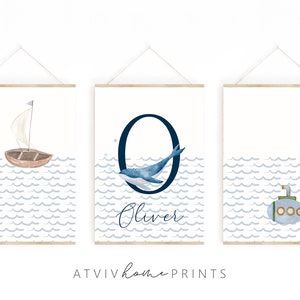 Maritim Kinderzimmer Druck, U-Boot Druck, maritimes Kinderzimmer Dekor, Wellen Druck, Wal Initialnamen Druck, blaue Wellen Druck