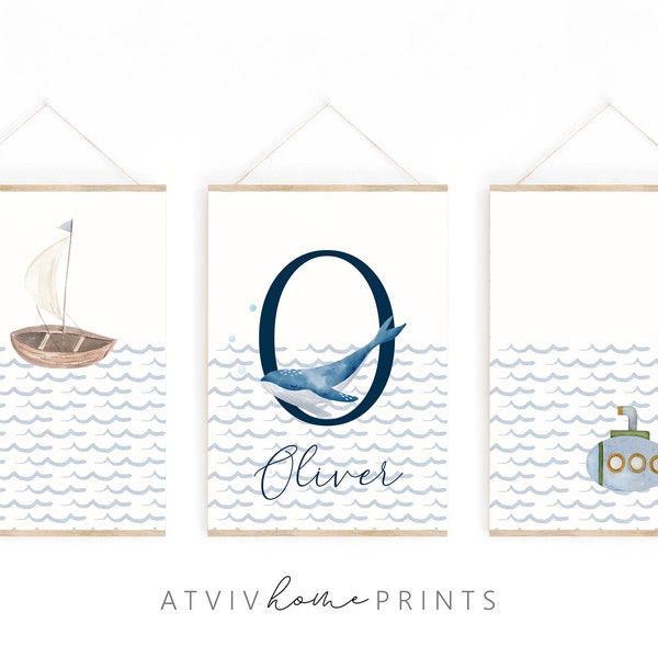 Nautical nursery print, nautical nursery decor, submarine print, nautical nursery, waves print, whale initial name print, blue waves print