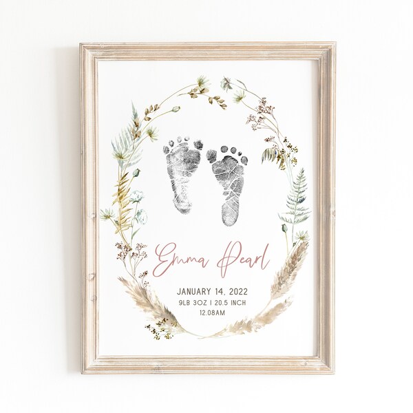 Personalised birth print, newborn footprint, baby footprint art, birth poster, boho birth print, footprint nursery wall art, new baby gift