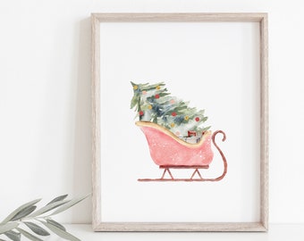 May include: A watercolor painting of a pink sleigh with a Christmas tree inside. The tree is decorated with red and gold ornaments.