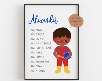 Impression d'affirmations de garçons, affirmations personnalisées, affirmations pour enfants, affirmations personnalisées, je suis gentil, je suis intelligent, décor de pépinière, héros