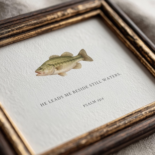 Salmo 23:2 Me condujo junto a aguas tranquilas, lámina con versículo bíblico sobre peces, habitación infantil con temática de pesca, arte mural con versículo bíblico para guardería, arte mural infantil sobre pesca