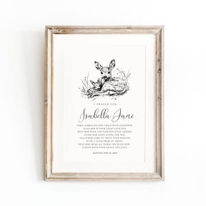 Baptism gift girl, print, personalized baptism print, custom name baptism print, baby girl gift, printable baptism gift,deer vintage baptism