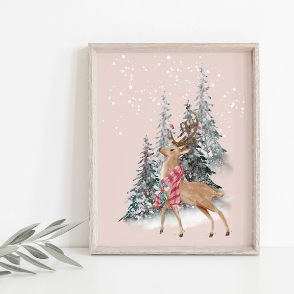 Reindeer print, reindeer printable, Reindeer names print, pink Christmas decor, pink Christmas print Printable reindeer names,boho Christmas