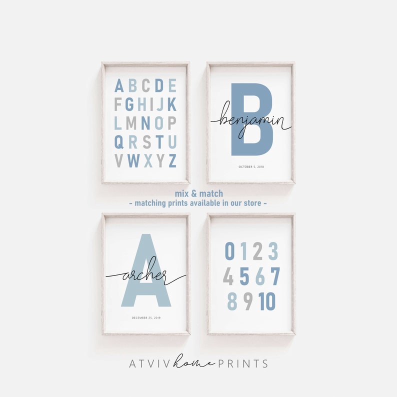May include: Four printable wall art designs in a light blue color scheme. The designs include the alphabet, the number 0-10, a large letter B with the name "benjamin" and the date "October 1, 2019", and a large letter A with the name "archer" and the date "December 15, 2019".