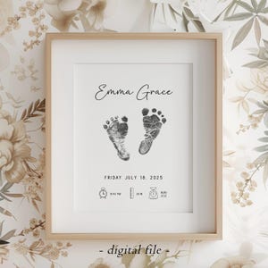Impression personnalisée de naissance, empreinte de pas de nouveau-né, art d'empreinte de bébé, impression de statistiques de naissance, impression de statistiques de naissance imprimable, art mural de chambre de bébé d'empreinte de pas