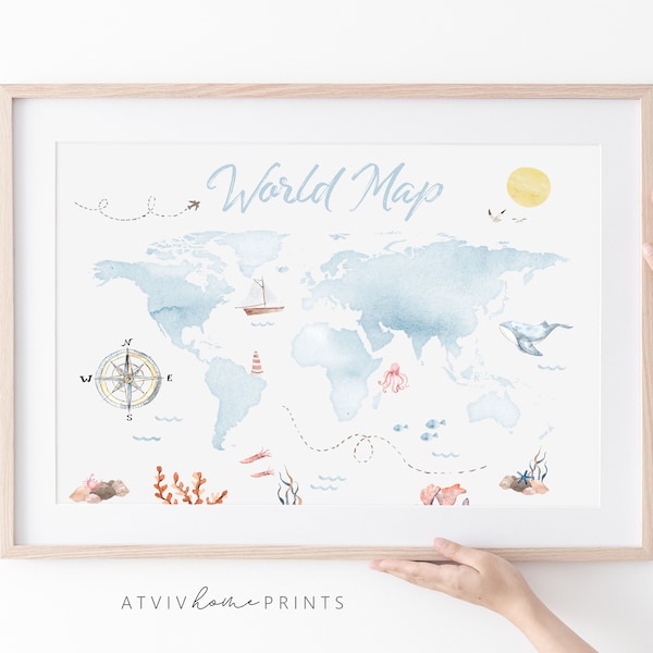 Nautical world map print, kids world map print, boys world map print, ocean world map print, beach nursery print, Ocean Nursery Print, coast