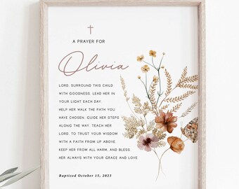 Doopcadeau meisje, print, gepersonaliseerde doopprint, aangepaste naam doopprint, babycadeau meisje, afdrukbaar doopcadeau, doopsel met wilde bloemen