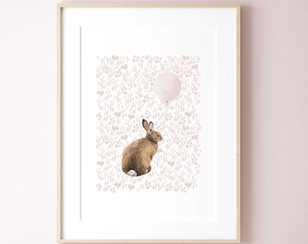 Bunny nursery print, bunny nursery, cute bunny print, pink balloon print, nursery prints girl, girls nursery print, bunny printable wall art
