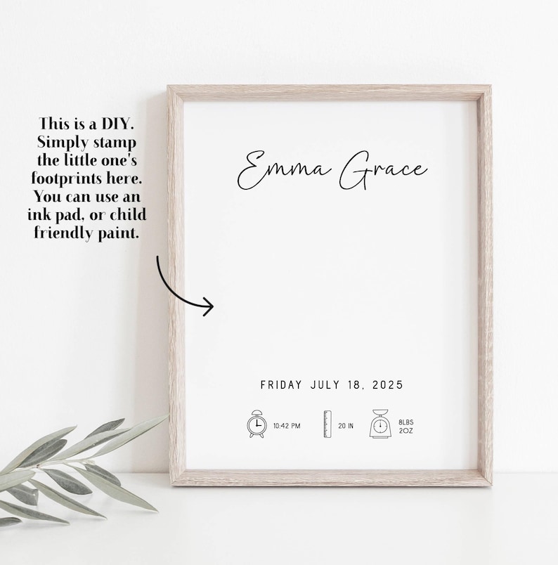 Personalised birth print, newborn footprint, baby footprint art, birth stats print, printable birth stats print, footprint nursery wall art image 5