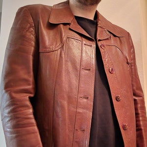 West Germany Retro Leather Jacket | Men&#39;s 44R (Large) | Moto Burgundy Cranberry 70&#39;s 4 Button Euc!