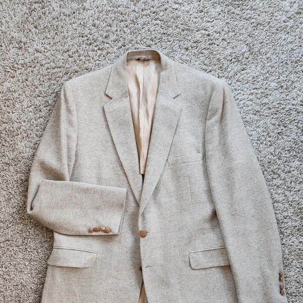 Vintage Tweed Sport Coat Jacket 1960s Men's 44L Long (Large) Botany 500 Cartier Wool Herringbone Brown Flat Leather Buttons M.i. USA Euc!