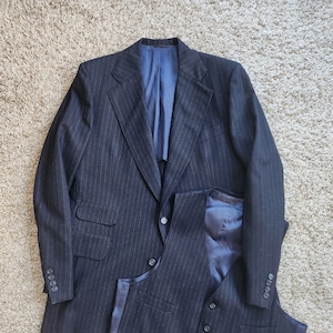 Vintage Jos. A. Bank 1970s Suit Jacket & Vest Combo Custom | Men&#39;s Large 42L Long | Black Formal Striped Flannel Soft Wool Euc!