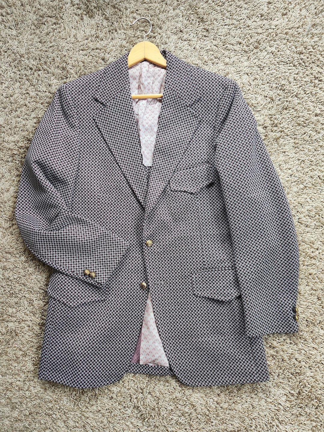 Men's Sport Coat Jacket Blazer 100% Wool Patterned Fabric Two Button  Navy
