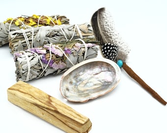 Smudging Kit  Three California White  Flower Sage  Smudge  Stick Abalone Shell Feather and   Palo Santos stick  negative energy herb plant