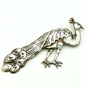 Large Sterling Silver Peacock  Bird Brooch 3 inch  figurine  pin
