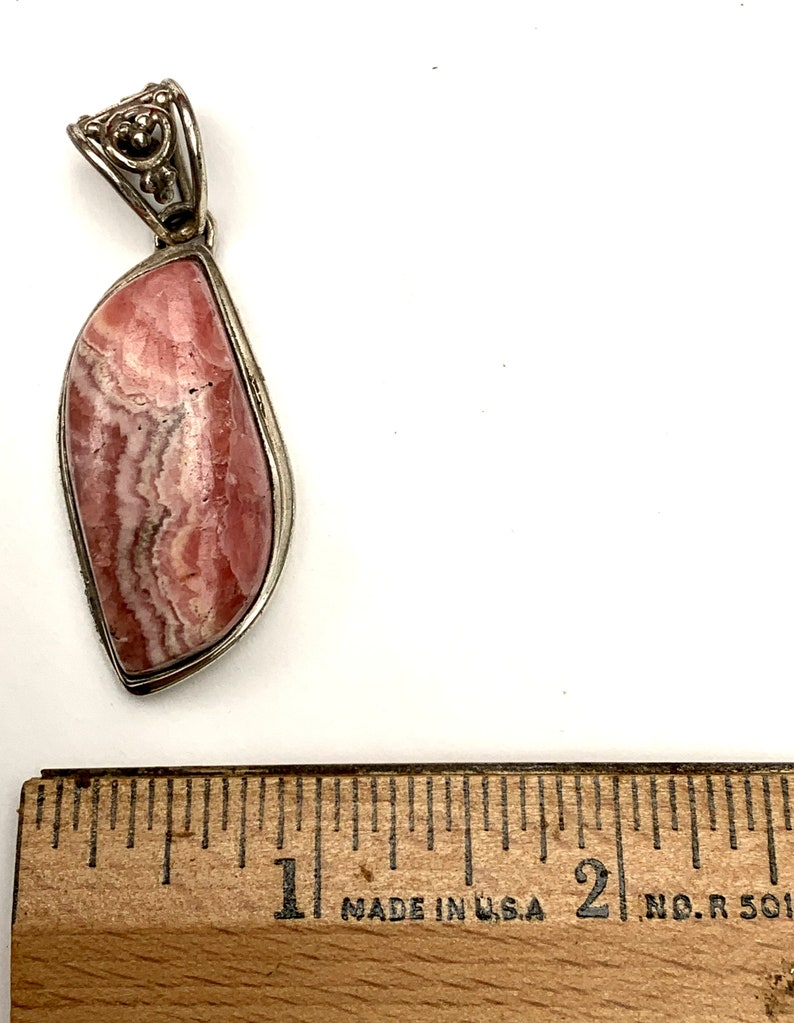 Sterling silver Rhodochrosite pendant pink white gemstone silver flower filigree balependant