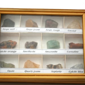 May include: A wooden display case with 12 compartments, each containing a different type of rock or mineral. The case has a glass front and is labeled with the names of the rocks in French. The rocks include jaspe vert, jaspe jaune, jaspe rouge, crystal, calcite orange, amethyste, amazonite, cornaline, opale, quartz jaune, septaria, and calcite bleu.