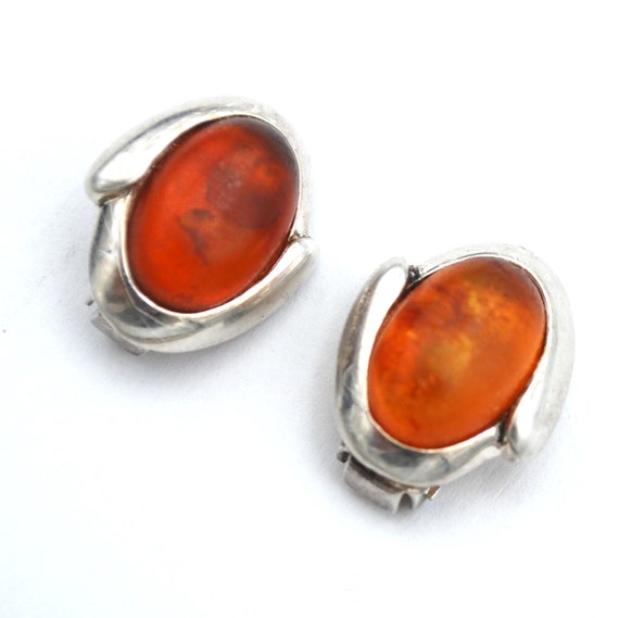 Sterling silver  Amber Earrings orange gemstone c… - image 1