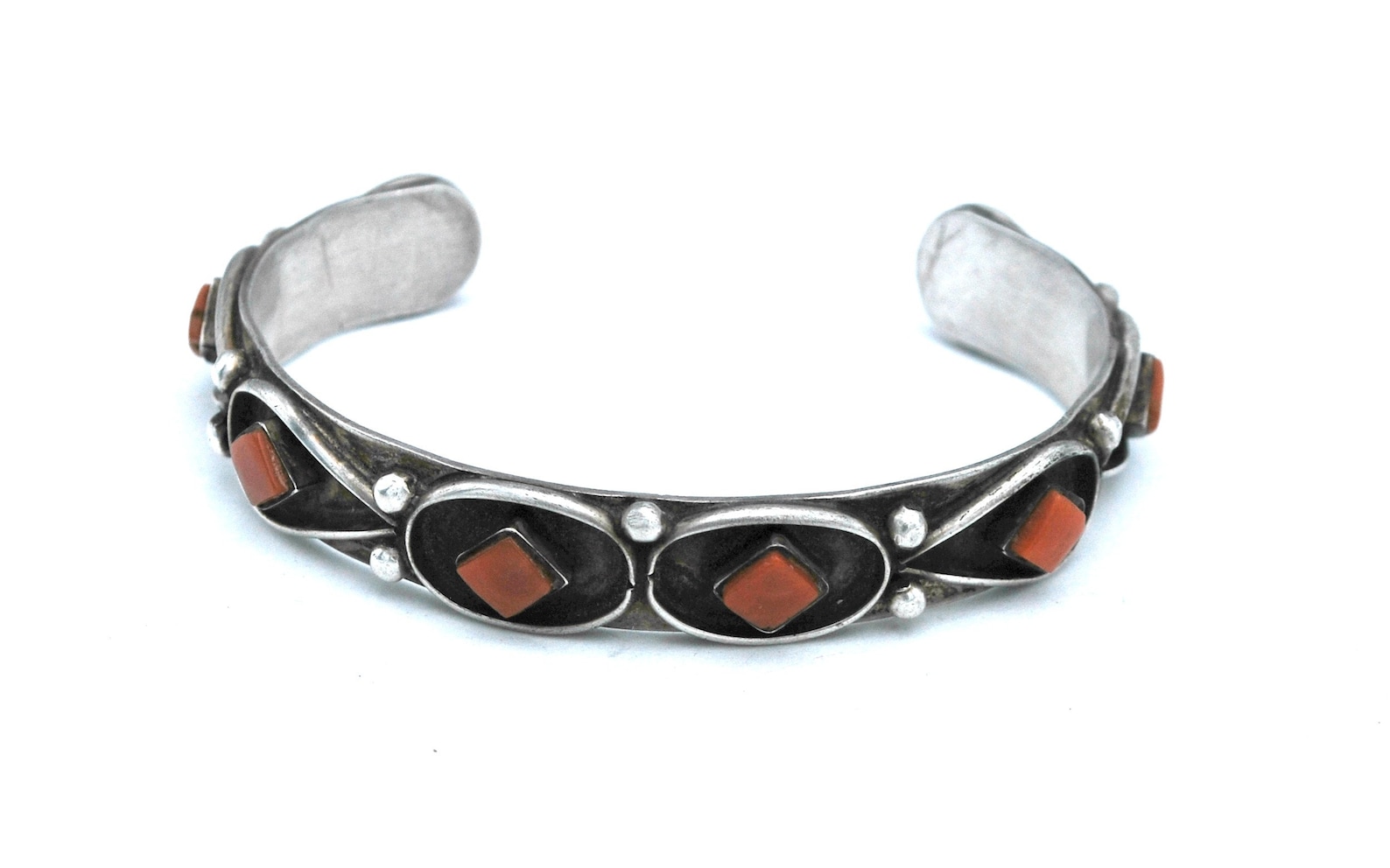 Navajo Hand Crafted Coral Cuff Bracelet Sterling Silver Native American ...