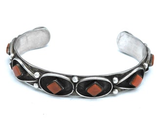 Navajo hand crafted Coral cuff bracelet sterling Silver  Native American E J  Jackson hallmark old pawn bangle