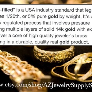 May include: A collection of gold-colored jewelry including a textured ring and various chains. The image features text explaining that Gold-filled is a USA industry standard requiring 1/20th or 5% pure gold by weight over a jeweler's brass core.