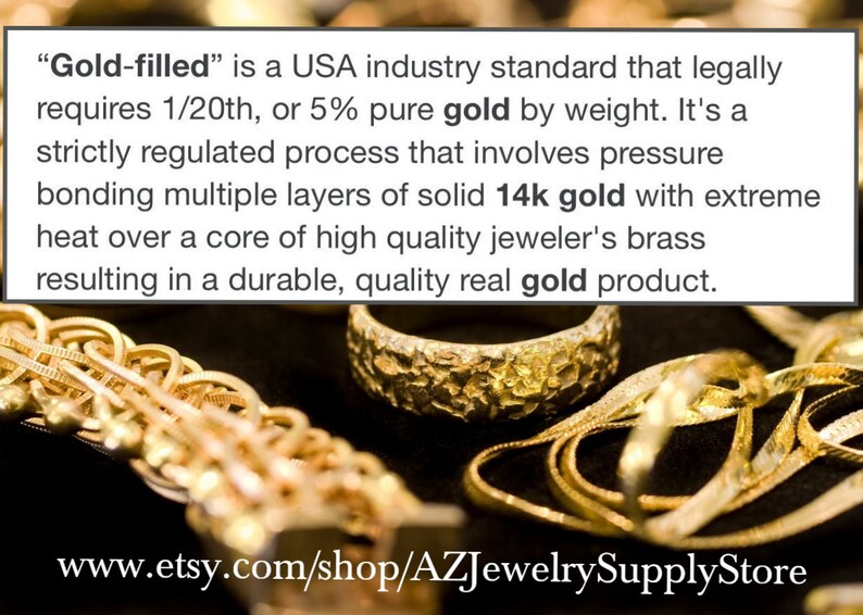 May include: A collection of gold-colored jewelry including a textured ring and various chains. The image features text explaining that Gold-filled is a USA industry standard requiring 1/20th or 5% pure gold by weight over a jeweler's brass core.
