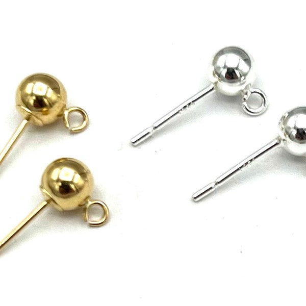 14 kt Gold filled  Sterling silver earrings  stud ball  post with open loop  jewelry making   supplies 3mm ,4mm, 5mm, and 6 mm bulk