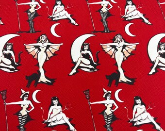 pin up red cat girl on moon  fabric water resistant faux leather material Vinyl Leatherette .113/4 x 27&quot; Halloween
