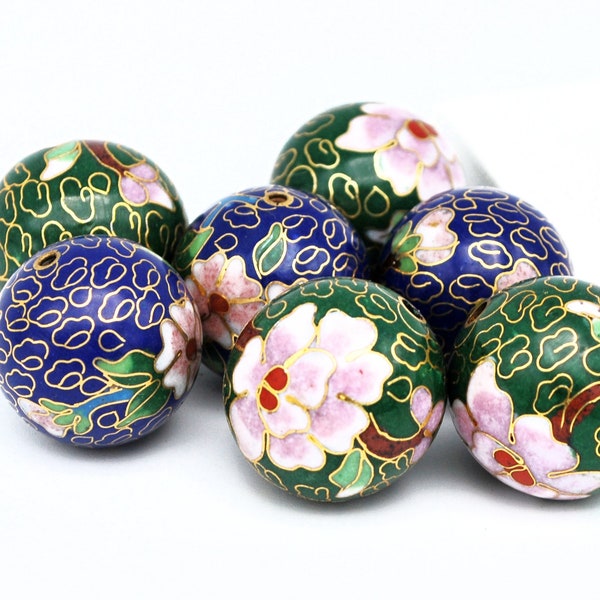 Large 25mm Cloisonne  beads Blue Green Chinese  beads with pink flower gold accent  beads jewelry making old stock rare