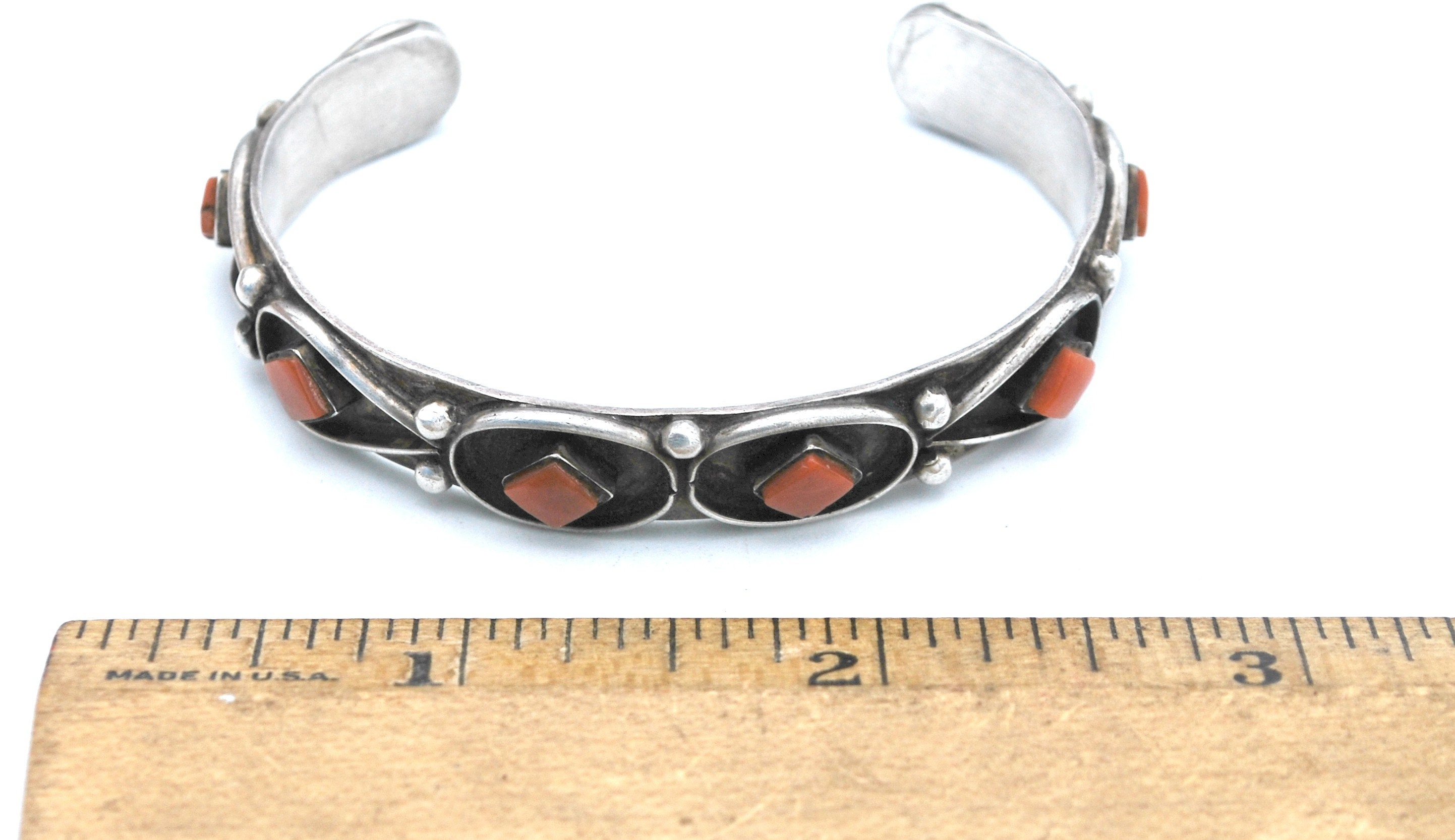 Navajo Hand Crafted Coral Cuff Bracelet Sterling Silver Native American ...