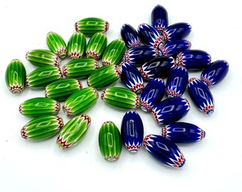 Italian Glass  chevron  beads lo long barrell  venitian murano blue green white red and white beads jewelry making
