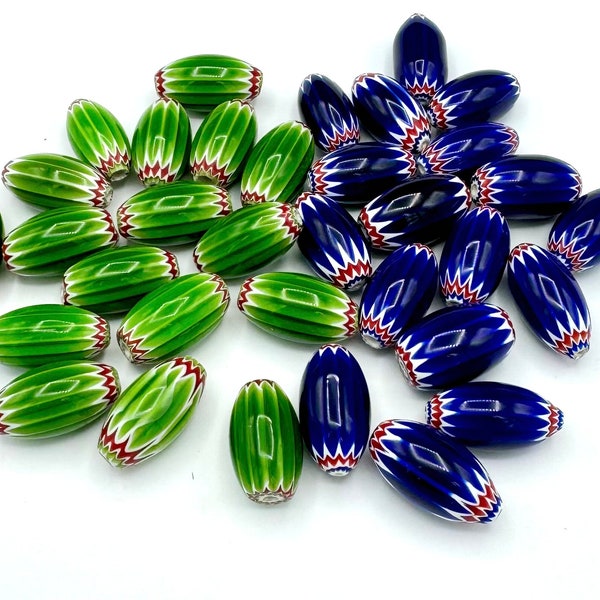 Italian Glass  chevron  beads lo long barrell  venitian murano blue green white red and white beads jewelry making